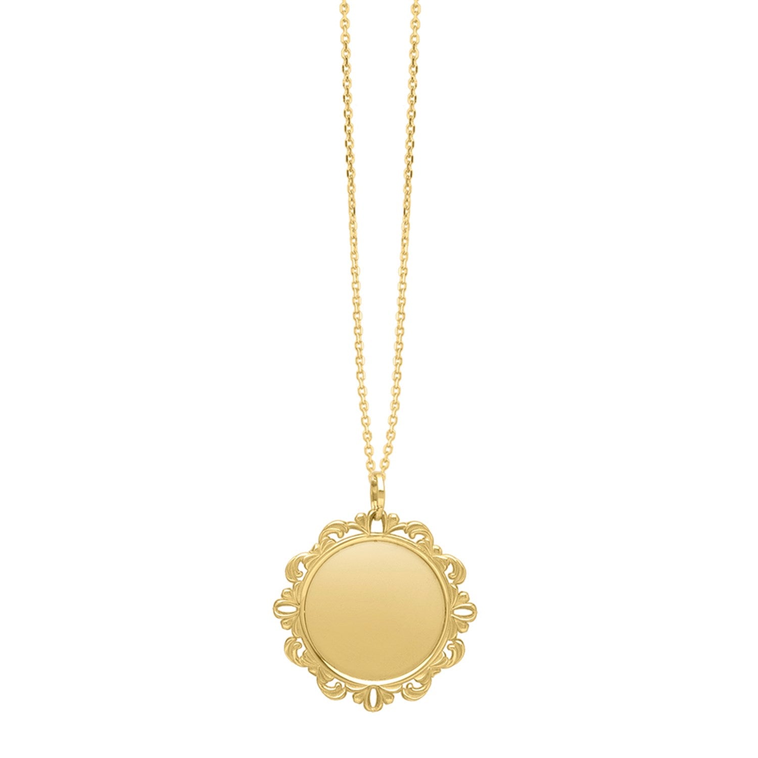Baroque Round Pendant and Necklace in 14K Yellow Gold in a sleek high-contrast midnight luxury editorial style